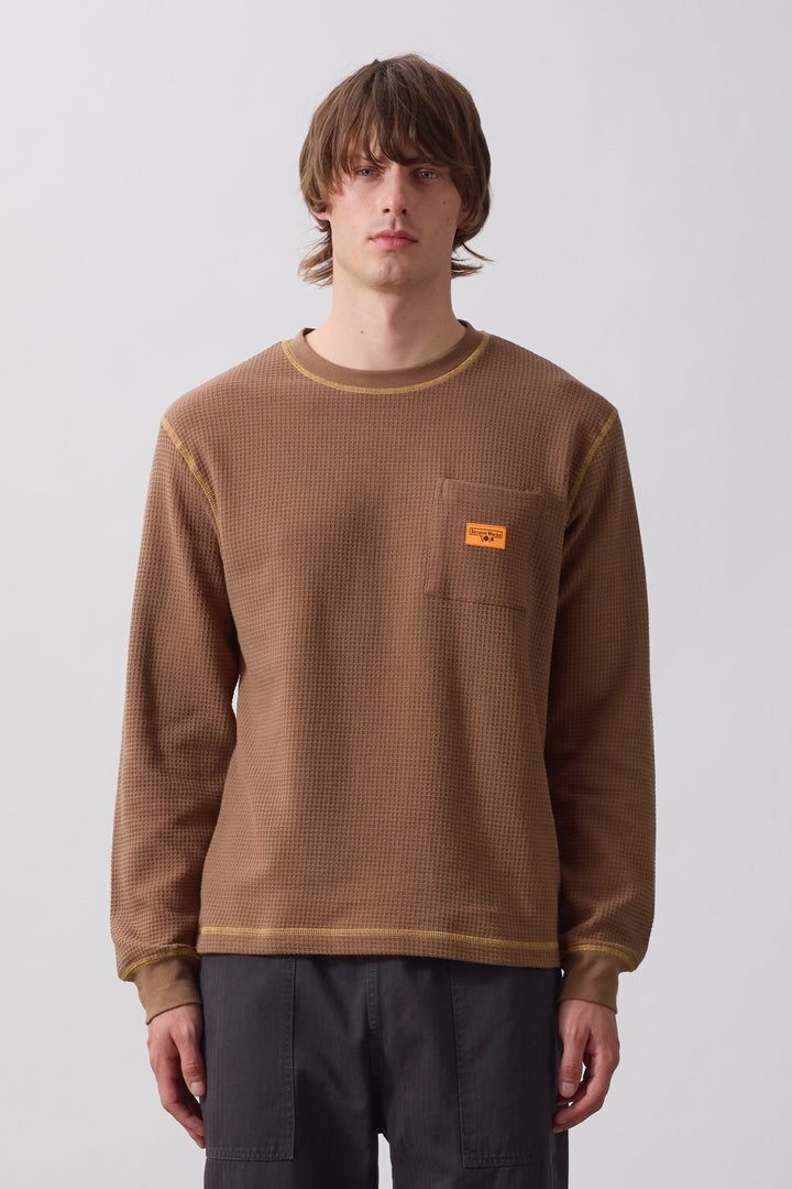Service Works -  Waffle Contrast Thermal Long Sleeve Tee - Brown/Yellow